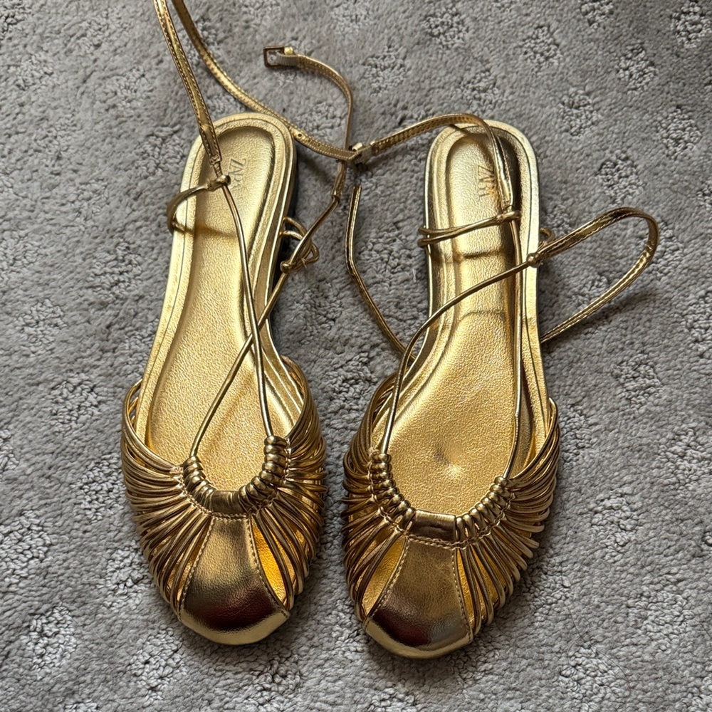 Zara Metallic Gold Braided Strappy Flat Sandals